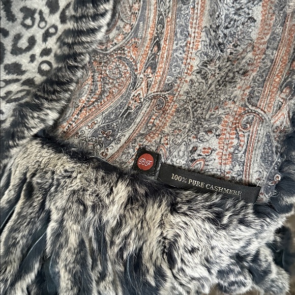 Luxury Gray Blue Cashmere Reversible Leopard Paisley Print Rabbit Fur Scarf Wrap - Picture 10 of 12